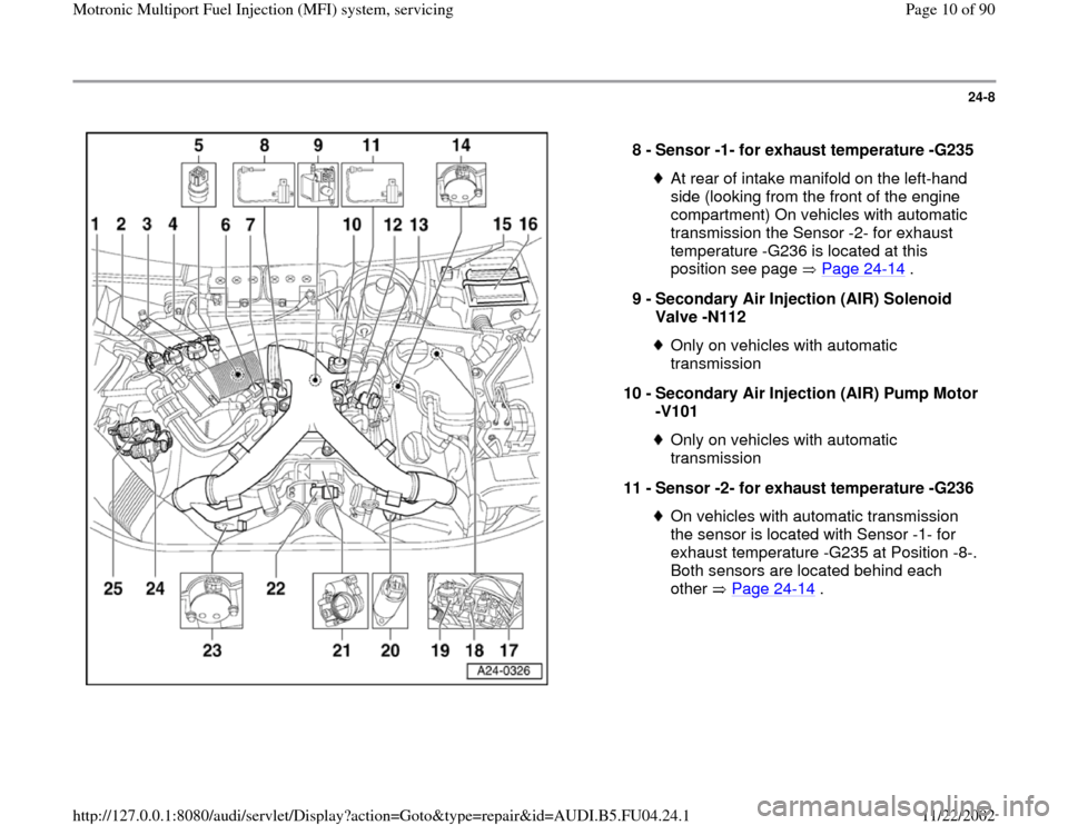 AUDI A4 1996 B5 / 1.G APB Engine Motronic Multiport Fuel Injection System Servising Workshop Manual 24-8
 
  
8 - 
Sensor -1- for exhaust temperature -G235 
At rear of intake manifold on the left-hand 
side (looking from the front of the engine 
compartment) On vehicles with automatic 
transmission 