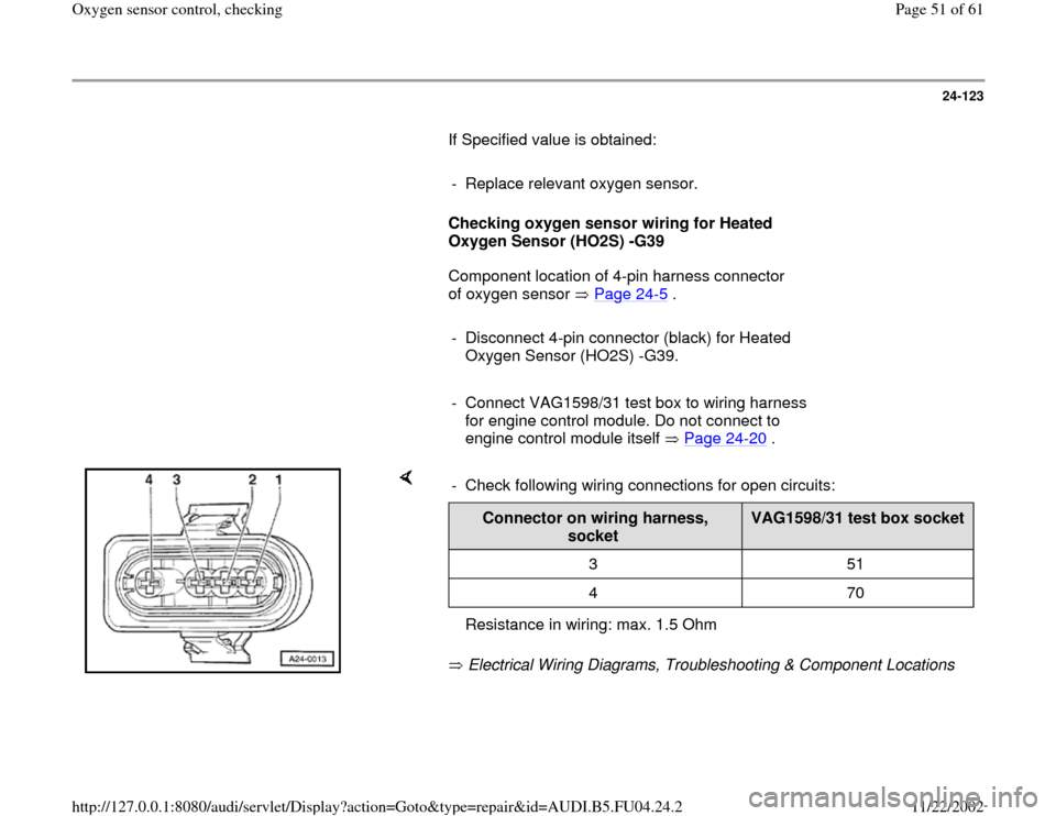 AUDI A4 2000 B5 / 1.G APB Engine Oxygen Sensor Control Checking Workshop Manual 24-123
       If Specified value is obtained:  
     
-  Replace relevant oxygen sensor.
     
Checking oxygen sensor wiring for Heated 
Oxygen Sensor (HO2S) -G39  
      Component location of 4-pin h