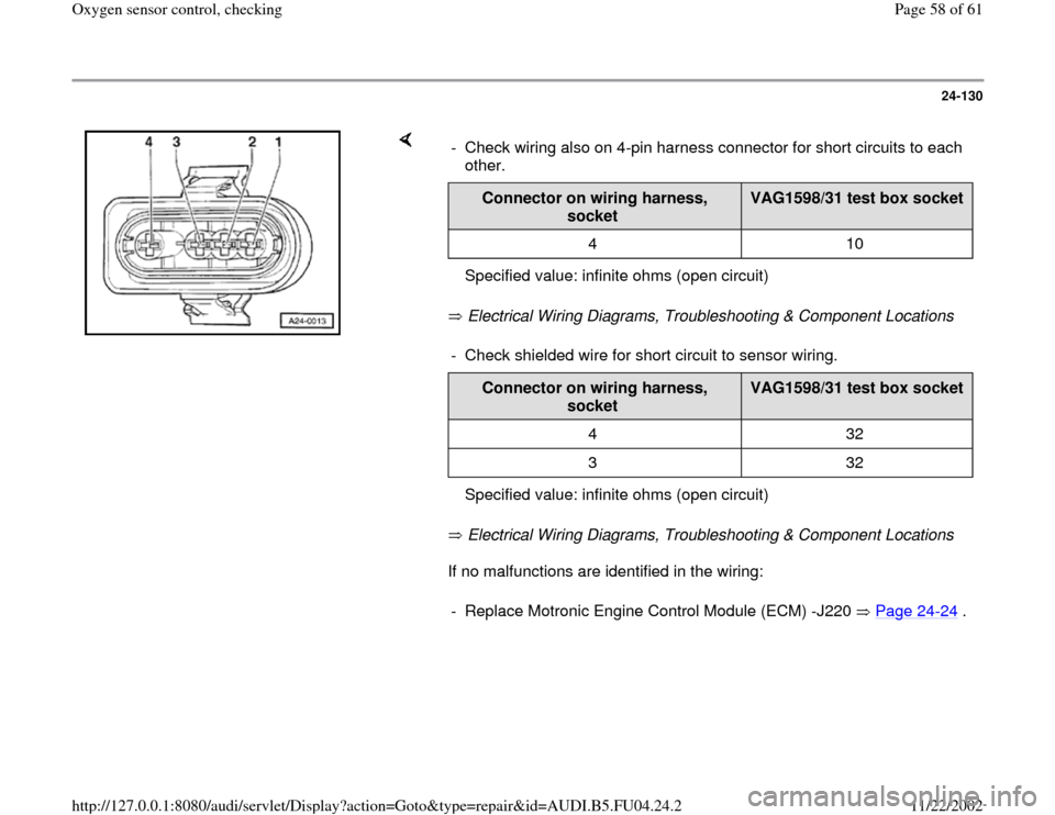 AUDI A4 1995 B5 / 1.G APB Engine Oxygen Sensor Control Checking Repair Manual 24-130
 
    
 Electrical Wiring Diagrams, Troubleshooting & Component Locations   
 Electrical Wiring Diagrams, Troubleshooting & Component Locations   
If no malfunctions are identified in the wirin