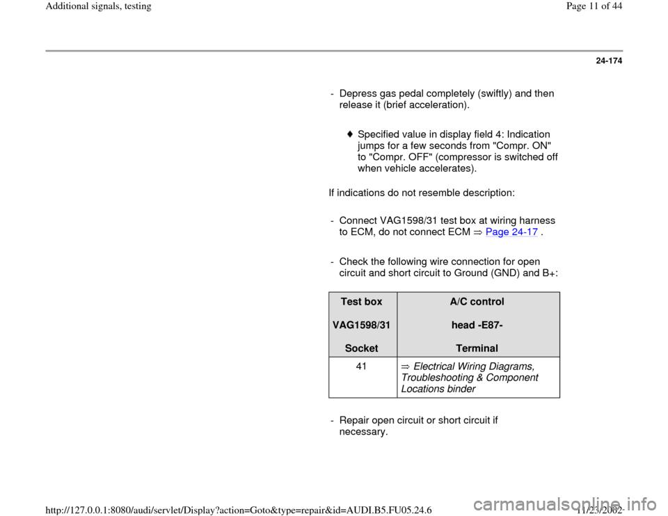 AUDI A8 1996 D2 / 1.G ATQ Engine Additional Signals Testing Workshop Manual 24-174
      
-  Depress gas pedal completely (swiftly) and then 
release it (brief acceleration). 
     
 
Specified value in display field 4: Indication 
jumps for a few seconds from "Compr. ON" 
to