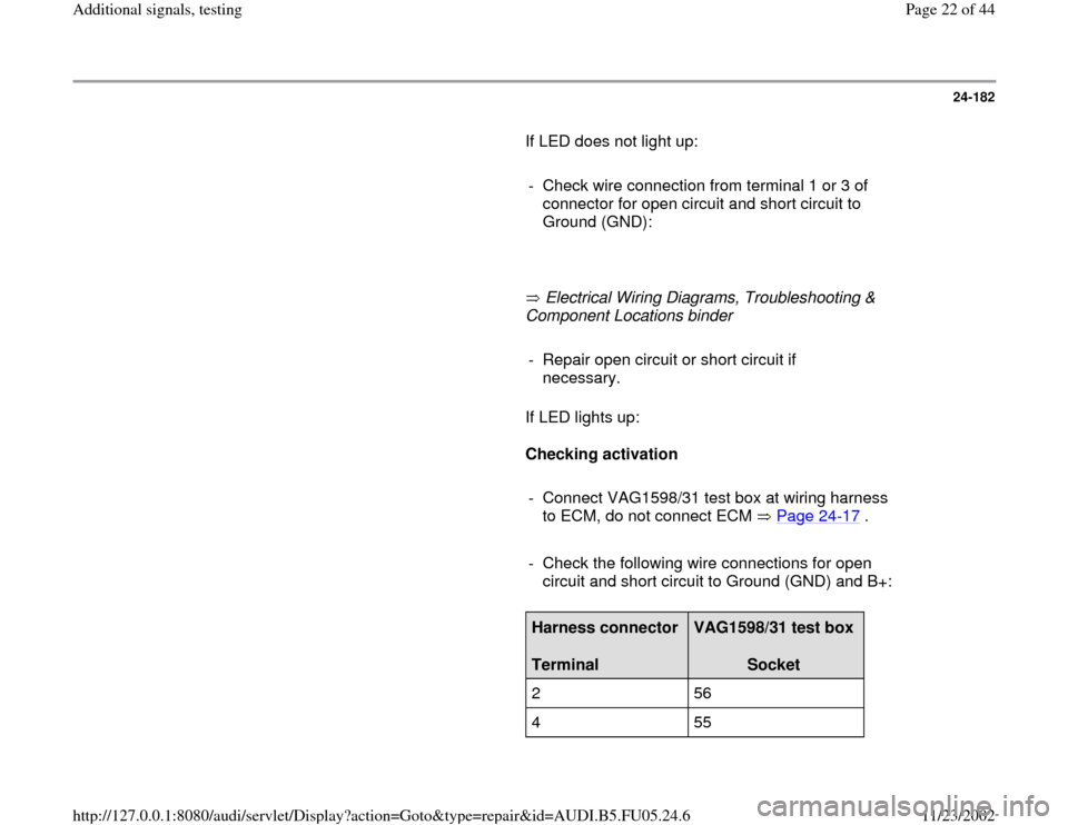 AUDI A4 2000 B5 / 1.G ATQ Engine Additional Signals Testing Workshop Manual 24-182
       If LED does not light up:  
     
-  Check wire connection from terminal 1 or 3 of 
connector for open circuit and short circuit to 
Ground (GND): 
     
       Electrical Wiring Diagram