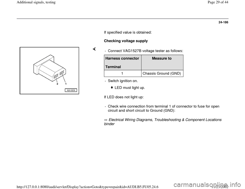 AUDI A4 2000 B5 / 1.G ATQ Engine Additional Signals Testing Workshop Manual 24-186
       If specified value is obtained:  
     
Checking voltage supply  
    
If LED does not light up:  
 Electrical Wiring Diagrams, Troubleshooting & Component Locations 
binder    -  Connec