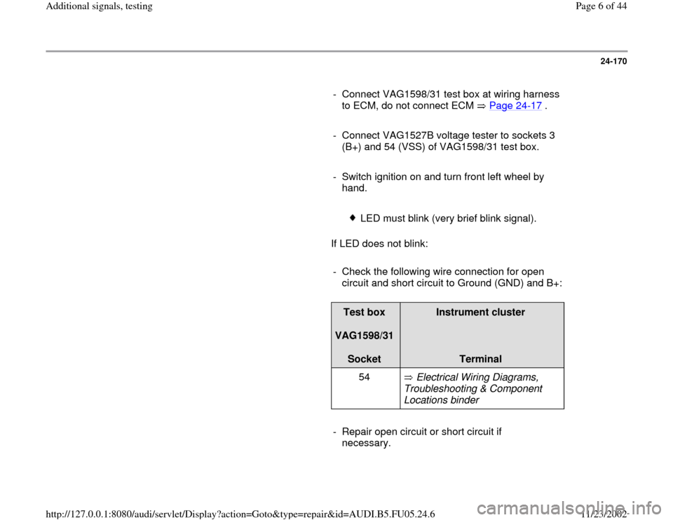 AUDI A6 1996 C5 / 2.G ATQ Engine Additional Signals Testing Workshop Manual 24-170
      
-  Connect VAG1598/31 test box at wiring harness 
to ECM, do not connect ECM   Page 24
-17
 . 
     
-  Connect VAG1527B voltage tester to sockets 3 
(B+) and 54 (VSS) of VAG1598/31 test