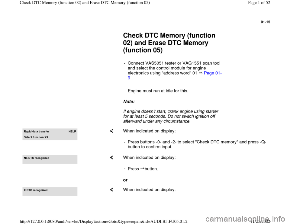 AUDI A6 1997 C5 / 2.G ATQ Engine Check DTC Memory And Erase DTC Memory Workshop Manual 01-15
 
     
Check DTC Memory (function 
02) and Erase DTC Memory 
(function 05) 
     
-  Connect VAS5051 tester or VAG1551 scan tool 
and select the control module for engine 
electronics using "ad