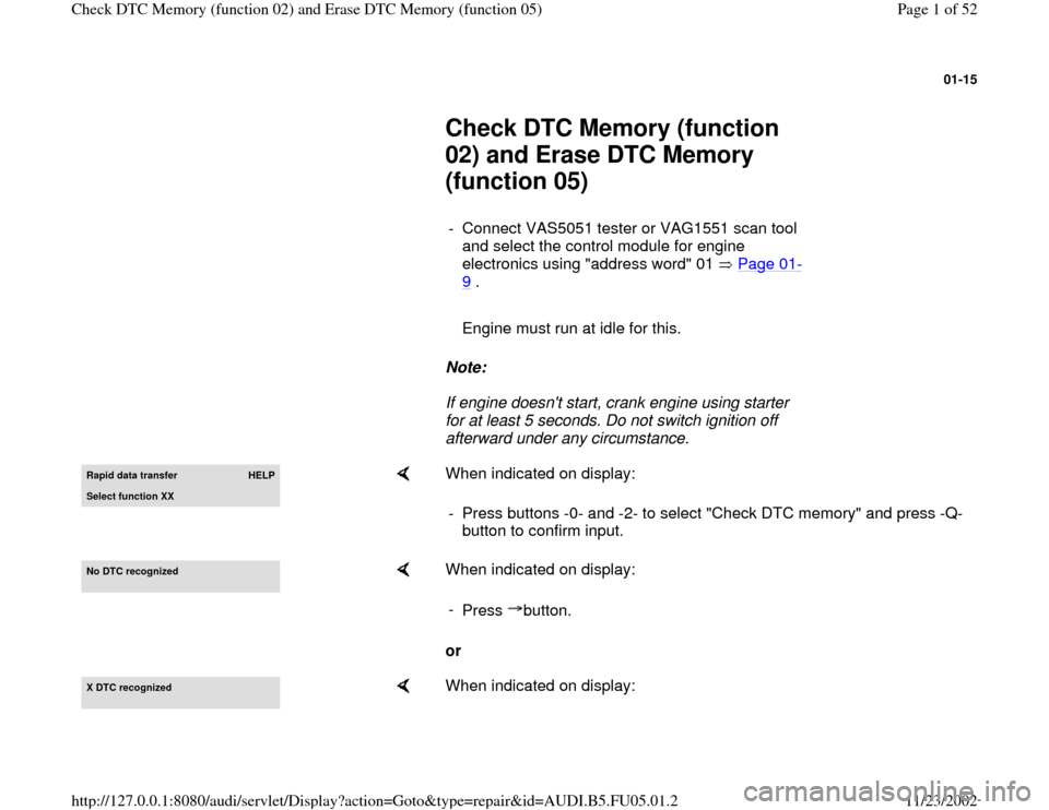 AUDI A6 1998 C5 / 2.G ATQ Engine Check DTC Memory And Erase DTC Memory Workshop Manual 01-15
 
     
Check DTC Memory (function 
02) and Erase DTC Memory 
(function 05) 
     
-  Connect VAS5051 tester or VAG1551 scan tool 
and select the control module for engine 
electronics using "ad