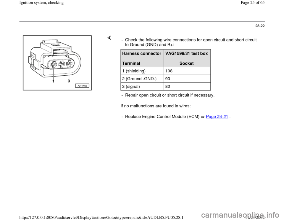 AUDI A6 1996 C5 / 2.G ATQ Engine Ignition System Checking Owners Manual 28-22
 
    
If no malfunctions are found in wires:  -  Check the following wire connections for open circuit and short circuit 
to Ground (GND) and B+: Harness connector  
Terminal  
VAG1598/31 test 