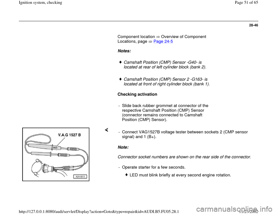 AUDI A6 1996 C5 / 2.G ATQ Engine Ignition System Checking Repair Manual 28-46
       Component location   Overview of Component 
Locations, page   Page 24
-5   
     
Notes:  
     
Camshaft Position (CMP) Sensor -G40- is 
located at rear of left cylinder block (bank 2). 