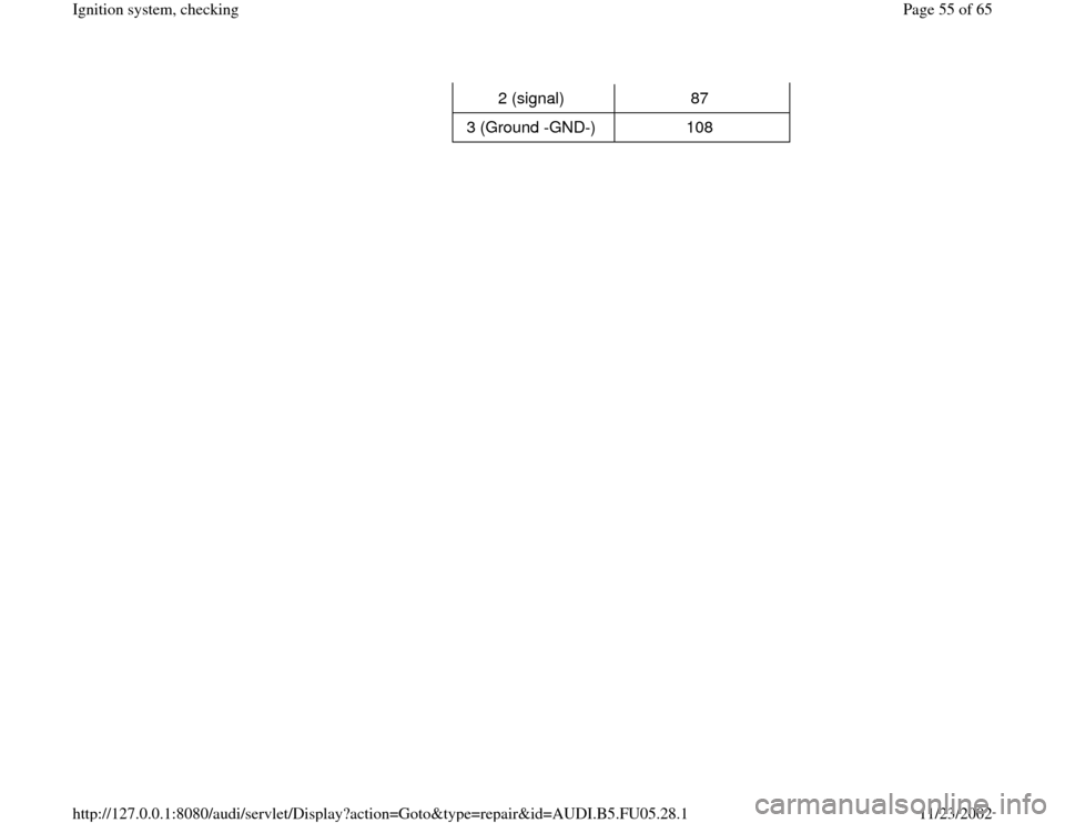 AUDI A6 1998 C5 / 2.G ATQ Engine Ignition System Checking Repair Manual 2 (signal)   87  
3 (Ground -GND-)   108  
Pa
ge 55 of 65 I
gnition s
ystem, checkin
g
11/23/2002 htt
p://127.0.0.1:8080/audi/servlet/Dis
play?action=Goto&t
yp
e=re
pair&id=AUDI.B5.FU05.28.1 