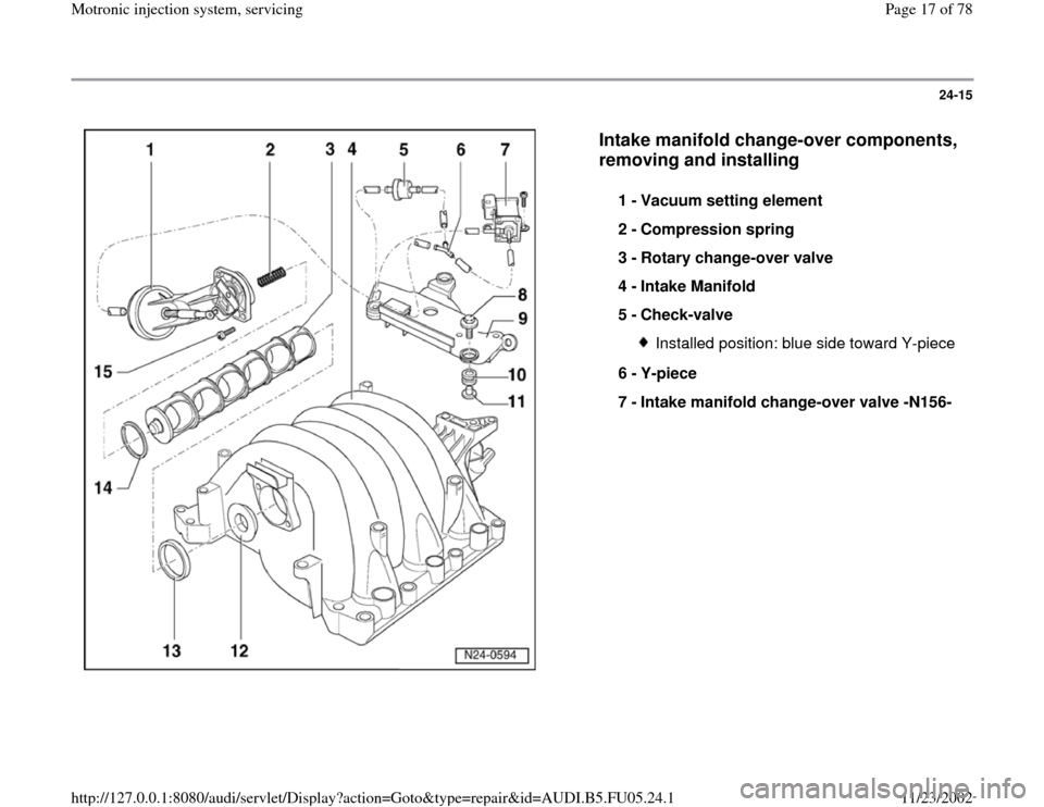 AUDI A8 1997 D2 / 1.G ATQ Engine Motronic Injection System Servicing User Guide 24-15
 
  
Intake manifold change-over components, 
removing and installing
 
1 - 
Vacuum setting element 
2 - 
Compression spring 
3 - 
Rotary change-over valve 
4 - 
Intake Manifold 
5 - 
Check-valv