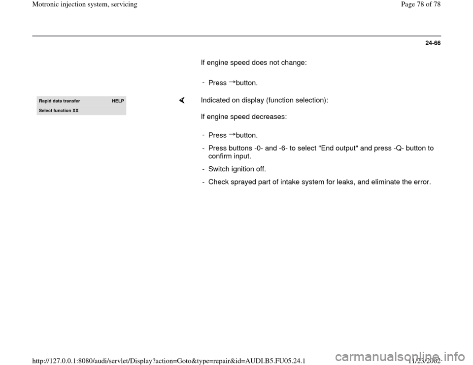 AUDI A6 1997 C5 / 2.G ATQ Engine Motronic Injection System Servicing Manual PDF 24-66
       If engine speed does not change:  
     
- 
Press button.Rapid data transfer 
HELP
Select function XX
    
Indicated on display (function selection):  
If engine speed decreases:  
- 
Pre
