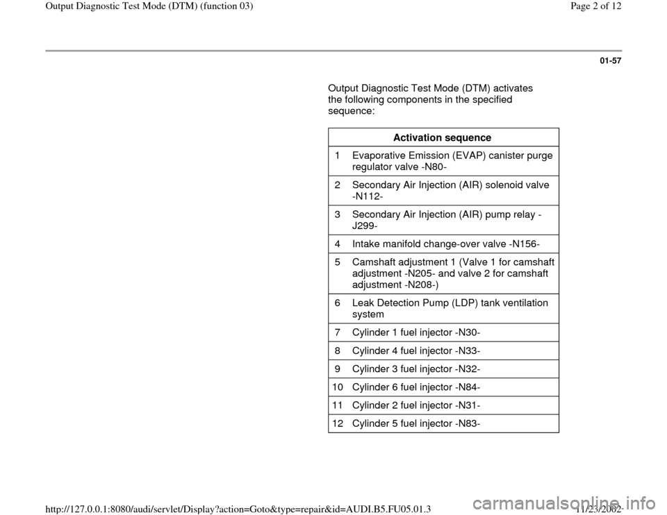 AUDI A6 1997 C5 / 2.G ATQ Engine Output Diagnostic Test Mode Workshop Manual 01-57
       Output Diagnostic Test Mode (DTM) activates 
the following components in the specified 
sequence:  
     
Activation sequence  
1   Evaporative Emission (EVAP) canister purge 
regulator v