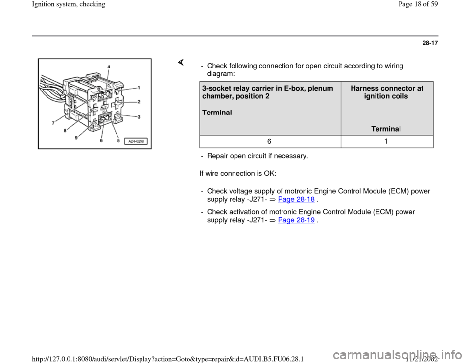 AUDI A3 1998 8L / 1.G ATW Engine Ignition System Workshop Manual 28-17
 
    
If wire connection is OK:  -  Check following connection for open circuit according to wiring 
diagram: 3-socket relay carrier in E-box, plenum 
chamber, position 2  
Terminal  
Harness c