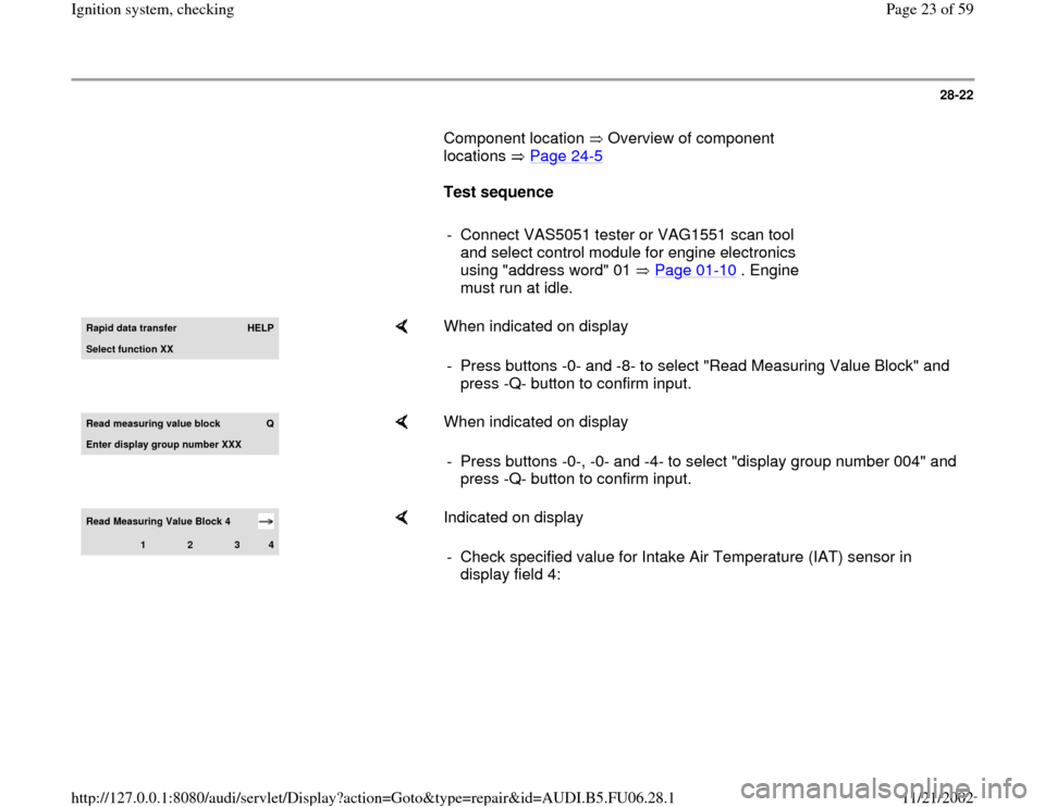 AUDI A3 1997 8L / 1.G ATW Engine Ignition System Workshop Manual 28-22
       Component location   Overview of component 
locations  Page 24
-5   
     
Test sequence  
     
-  Connect VAS5051 tester or VAG1551 scan tool 
and select control module for engine elect