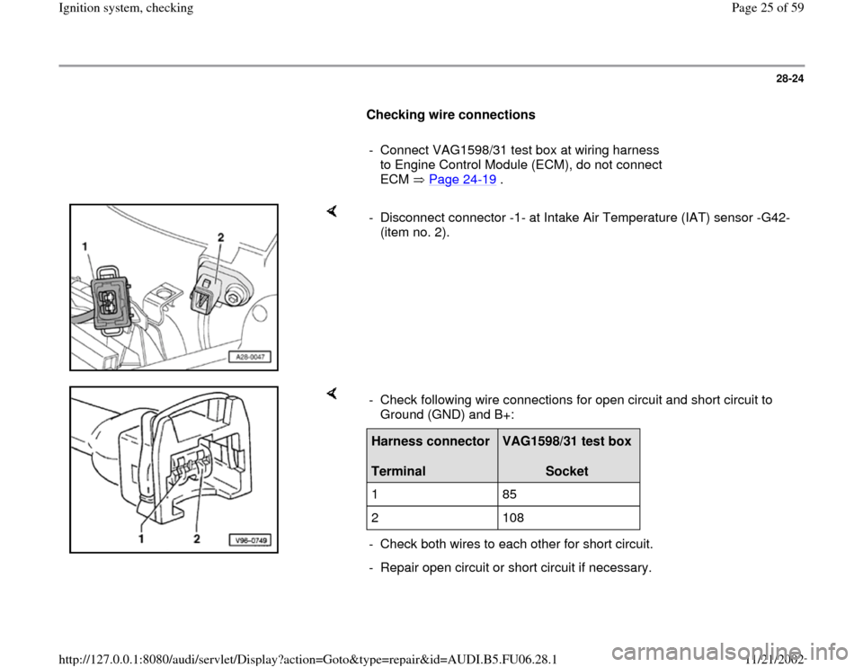 AUDI A4 2000 B5 / 1.G ATW Engine Ignition System Workshop Manual 28-24
      
Checking wire connections  
     
-  Connect VAG1598/31 test box at wiring harness 
to Engine Control Module (ECM), do not connect 
ECM  Page 24
-19
 . 
    
-  Disconnect connector -1- a