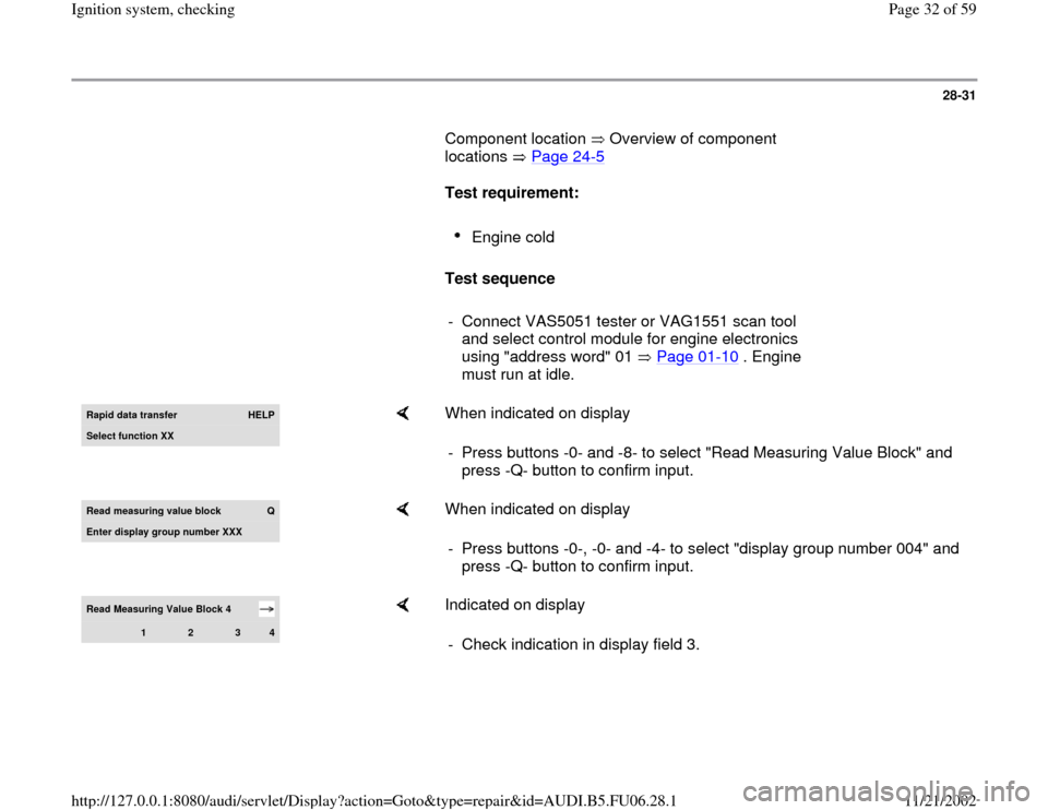 AUDI A6 1995 C5 / 2.G ATW Engine Ignition System Owners Manual 28-31
       Component location   Overview of component 
locations  Page 24
-5   
     
Test requirement: 
     
Engine cold 
     
Test sequence  
     
-  Connect VAS5051 tester or VAG1551 scan tool