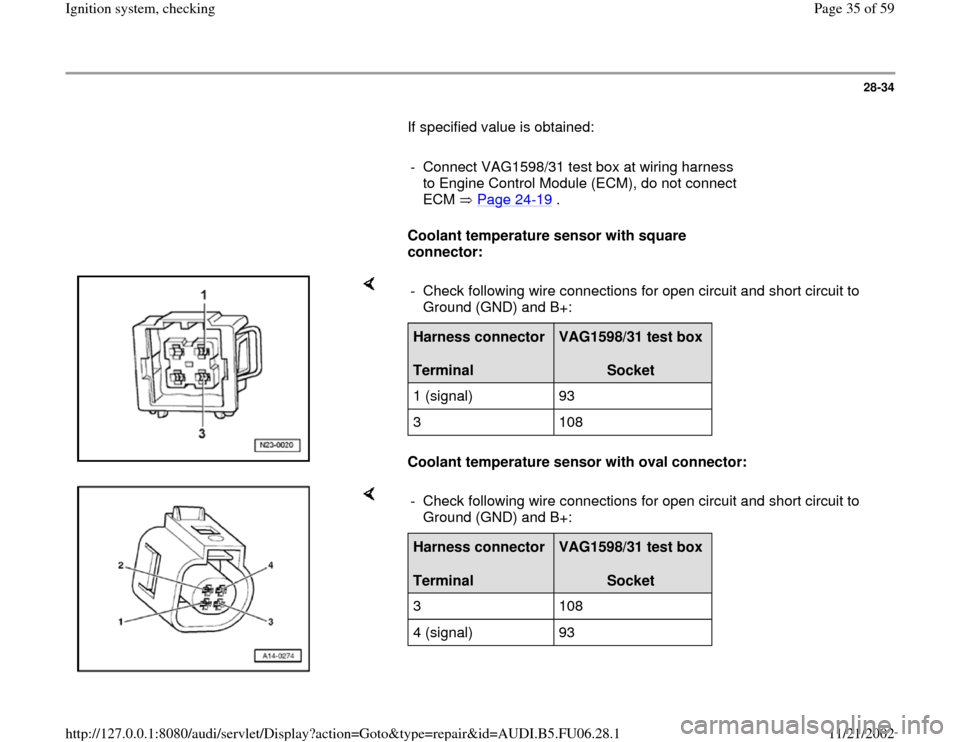 AUDI TT 1997 8N / 1.G ATW Engine Ignition System Workshop Manual 28-34
       If specified value is obtained:  
     
-  Connect VAG1598/31 test box at wiring harness 
to Engine Control Module (ECM), do not connect 
ECM  Page 24
-19
 . 
     
Coolant temperature se