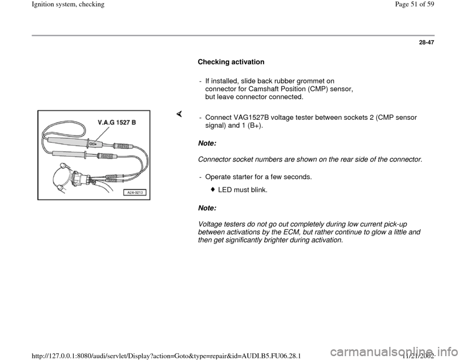 AUDI A6 1996 C5 / 2.G ATW Engine Ignition System Repair Manual 28-47
      
Checking activation  
     
-  If installed, slide back rubber grommet on 
connector for Camshaft Position (CMP) sensor, 
but leave connector connected. 
    
Note:  
Connector socket num