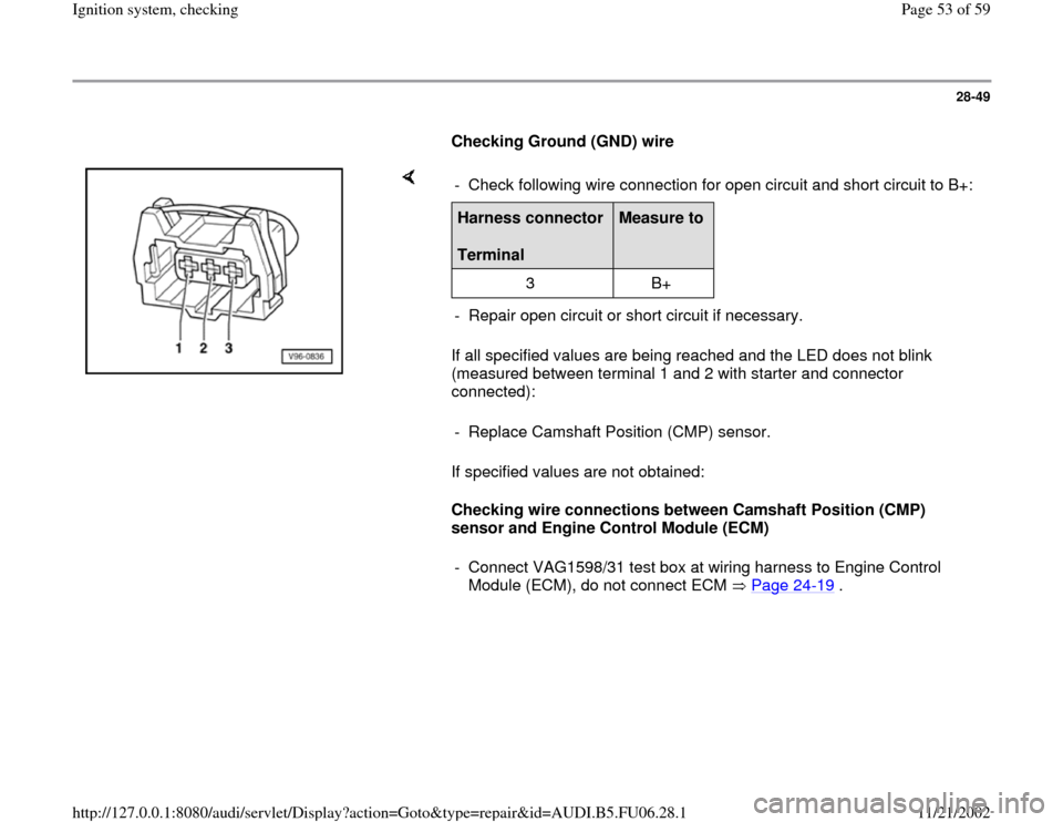 AUDI A6 1995 C5 / 2.G ATW Engine Ignition System Owners Guide 28-49
      
Checking Ground (GND) wire  
    
If all specified values are being reached and the LED does not blink 
(measured between terminal 1 and 2 with starter and connector 
connected):  
If spe