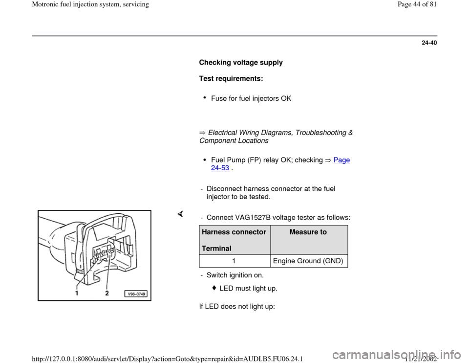 AUDI A3 1996 8L / 1.G ATW Engine Motronic Fuel Injection Syst 24-40
      
Checking voltage supply  
     
Test requirements: 
     
Fuse for fuel injectors OK 
     
       Electrical Wiring Diagrams, Troubleshooting & 
Component Locations   
     
Fuel Pump (F