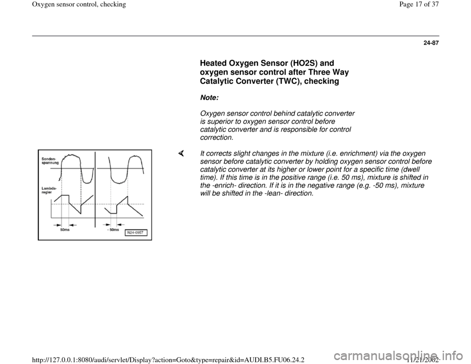 AUDI TT 1998 8N / 1.G ATW Engine Oxygen Sensor Control Workshop Manual 24-87
      
Heated Oxygen Sensor (HO2S) and 
oxygen sensor control after Three Way 
Catalytic Converter (TWC), checking
 
     
Note:  
     Oxygen sensor control behind catalytic converter 
is super