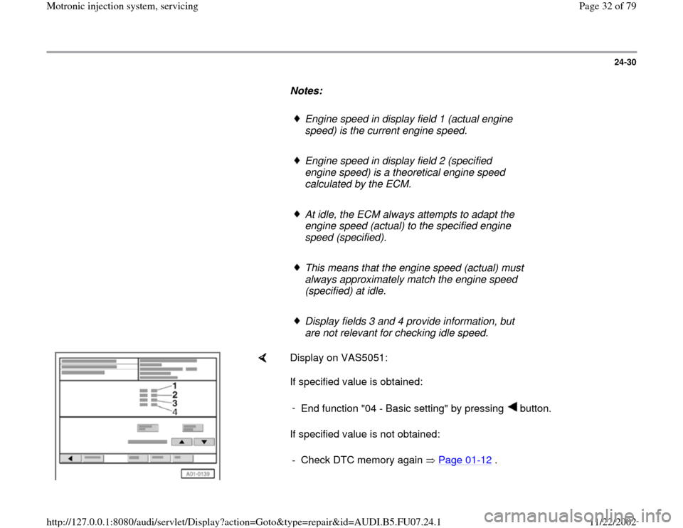 AUDI A4 2000 B5 / 1.G AWM Engine Motronic Injection System Servicing Workshop Manual 24-30
      
Notes:  
     
Engine speed in display field 1 (actual engine 
speed) is the current engine speed. 
     Engine speed in display field 2 (specified 
engine speed) is a theoretical engine 