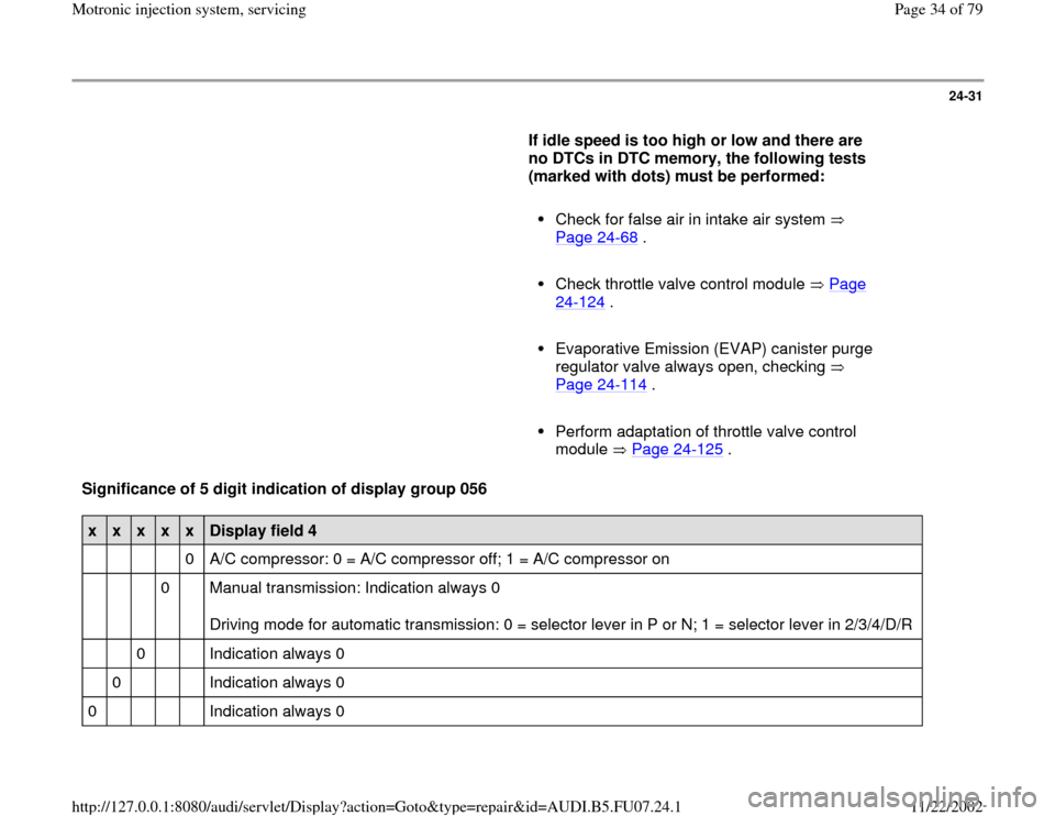 AUDI A4 1997 B5 / 1.G AWM Engine Motronic Injection System Servicing Owners Guide 24-31
      
If idle speed is too high or low and there are 
no DTCs in DTC memory, the following tests 
(marked with dots) must be performed:  
     
Check for false air in intake air system   
Page 