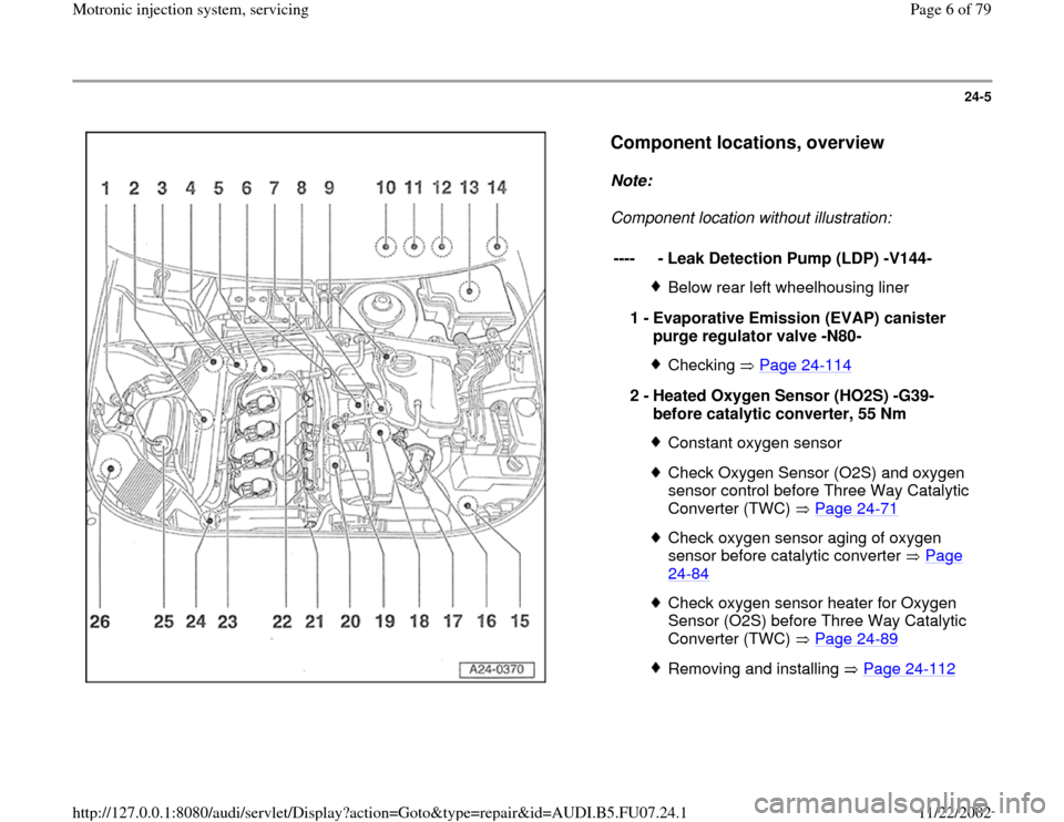 AUDI A4 1998 B5 / 1.G AWM Engine Motronic Injection System Servicing Workshop Manual 24-5
 
  
Component locations, overview
 
Note:  
Component location without illustration: 
---- 
- Leak Detection Pump (LDP) -V144-
Below rear left wheelhousing liner
1 - 
Evaporative Emission (EVAP)