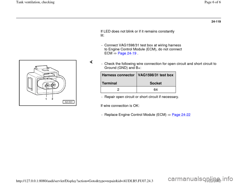 AUDI A4 2000 B5 / 1.G AWM Engine Tank Ventilation Checking Workshop Manual 24-119
       If LED does not blink or if it remains constantly 
lit:  
     
-  Connect VAG1598/31 test box at wiring harness 
to Engine Control Module (ECM), do not connect 
ECM  Page 24
-19
 . 
   