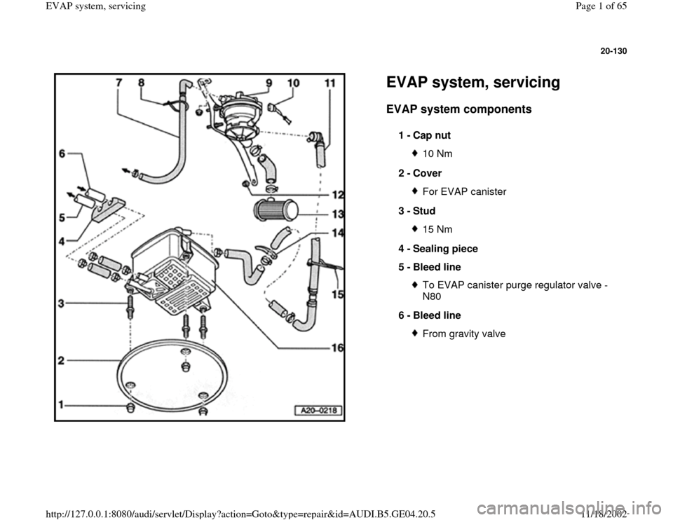 AUDI A4 1997 B5 / 1.G EVAP Workshop Manual 20-130
 
  
EVAP system, servicing EVAP system components
 
1 - 
Cap nut 
10 Nm
2 - 
Cover For EVAP canister
3 - 
Stud 15 Nm
4 - 
Sealing piece 
5 - 
Bleed line To EVAP canister purge regulator valve 