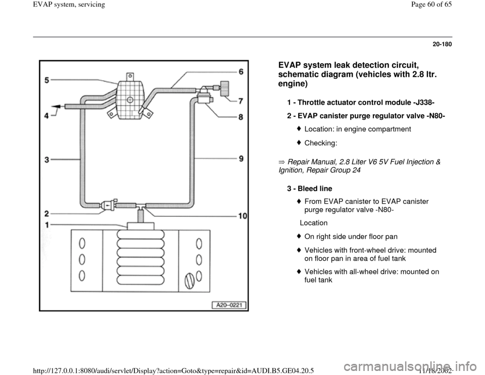 AUDI A4 2000 B5 / 1.G EVAP Workshop Manual 20-180
 
  
EVAP system leak detection circuit, 
schematic diagram (vehicles with 2.8 ltr. 
engine)
 
 Repair Manual, 2.8 Liter V6 5V Fuel Injection & 
Ignition, Repair Group 24    1 - 
Throttle actua