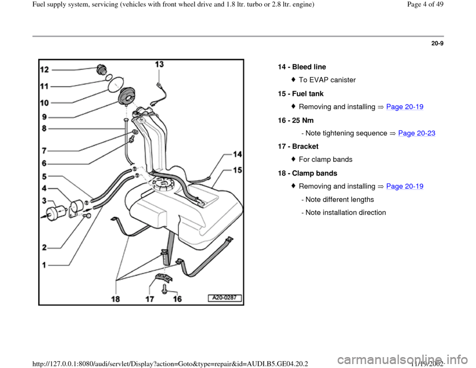AUDI A4 1995 B5 / 1.G Fuel Supply System Front Wheel Drive 1.8T And 2.8 Workshop Manual 20-9
 
  
14 - 
Bleed line 
To EVAP canister
15 - 
Fuel tank Removing and installing   Page 20
-19
16 - 
25 Nm 
  - Note tightening sequence   Page 20
-23
17 - 
Bracket 
For clamp bands
18 - 
Clamp ba