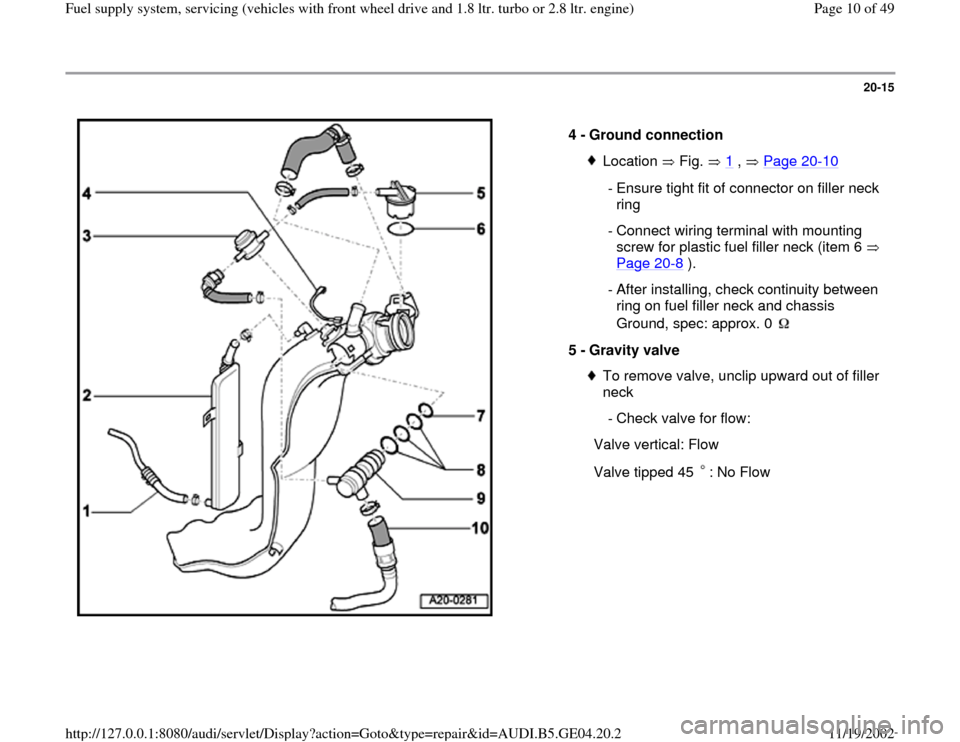 AUDI A4 1999 B5 / 1.G Fuel Supply System Front Wheel Drive 1.8T And 2.8 Workshop Manual 20-15
 
  
4 - 
Ground connection 
Location  Fig.  1
 ,   Page 20
-10
 - Ensure tight fit of connector on filler neck 
ring 
 - Connect wiring terminal with mounting 
screw for plastic fuel filler nec