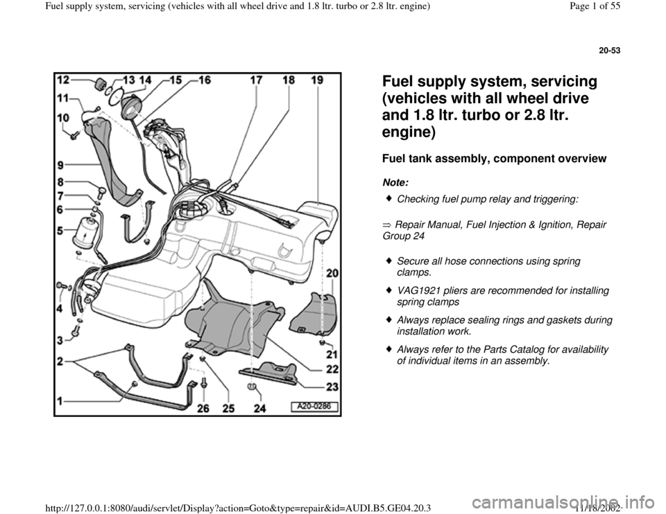 AUDI A4 1998 B5 / 1.G Quattro Fuel Syst 20-53
 
  
Fuel supply system, servicing 
(vehicles with all wheel drive 
and 1.8 ltr. turbo or 2.8 ltr. 
engine) Fuel tank assembly, component overview
 
Note: 
 Repair Manual, Fuel Injection & Ignit