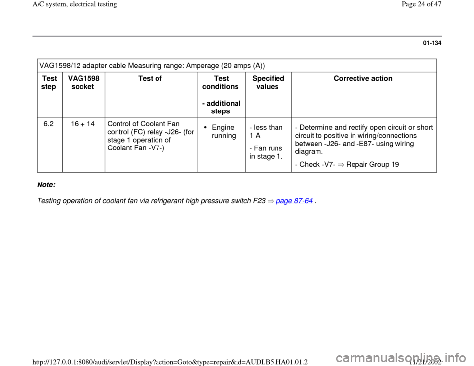 AUDI A4 1997 B5 / 1.G AC System Electrical Testing Workshop Manual 01-134
 
VAG1598/12 adapter cable Measuring range: Amperage (20 amps (A))  
Test 
step  VAG1598 
socket  Test of  
Test 
conditions  
- additional 
steps  Specified 
values  Corrective action  
6.2   