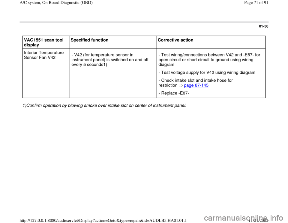 AUDI A4 1995 B5 / 1.G AC System On Board Diagnostic Workshop Manual 01-50
 
VAG1551 scan tool 
display  Specified function  
Corrective action  
Interior Temperature 
Sensor Fan V42  - V42 (for temperature sensor in 
instrument panel) is switched on and off 
every 5 s