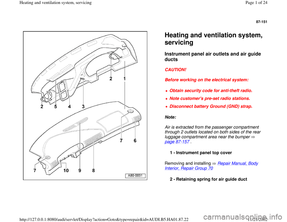 AUDI A4 1999 B5 / 1.G Heating And Ventilation System Servicing Workshop Manual 