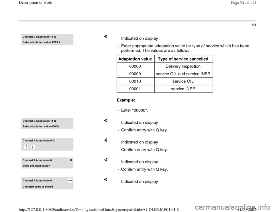AUDI A4 1995 B5 / 1.G Engine Oil Level Checking Workshop Manual 91
 
Channel 2 Adaptation 11 QEnter adaptation value XXXXX 
    
Example:      Indicated on display
-  Enter appropriate adaptation value for type of service which has been 
performed. The values are 
