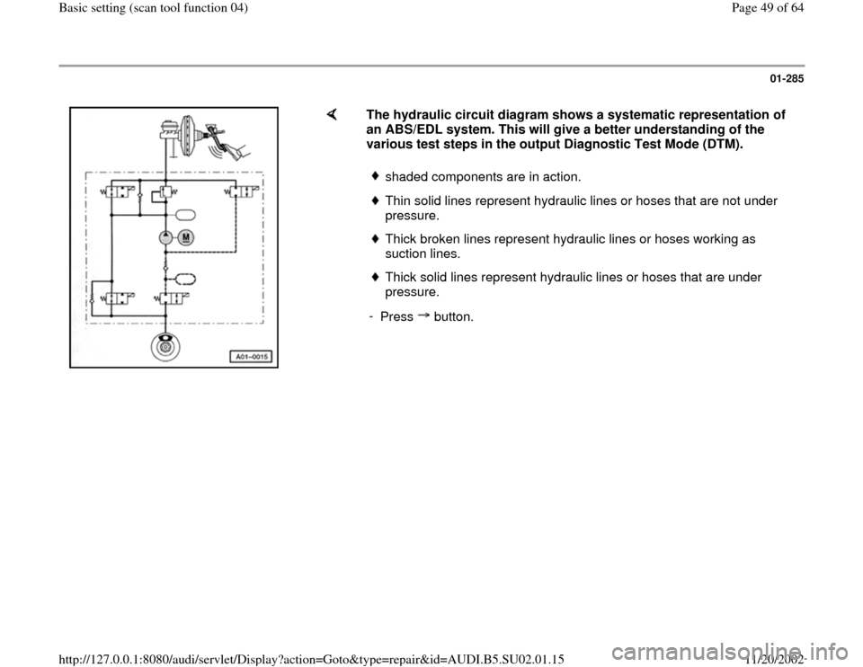 AUDI A4 1997 B5 / 1.G Brakes Basic Setting 04 Service Manual 01-285
 
    
The hydraulic circuit diagram shows a systematic representation of 
an ABS/EDL system. This will give a better understanding of the 
various test steps in the output Diagnostic Test Mode