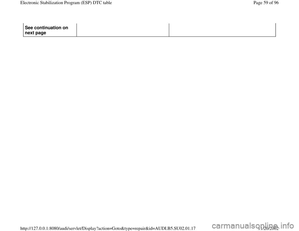 AUDI A4 2000 B5 / 1.G Brakes ESP DTC Table Repair Manual See continuation on 
next page  
Pa
ge 59 of 96 Electronic Stabilization Pro
gram 
(ESP
) DTC table
11/20/2002 htt
p://127.0.0.1:8080/audi/servlet/Dis
play?action=Goto&t
yp
e=re
pair&id=AUDI.B5.SU02.0