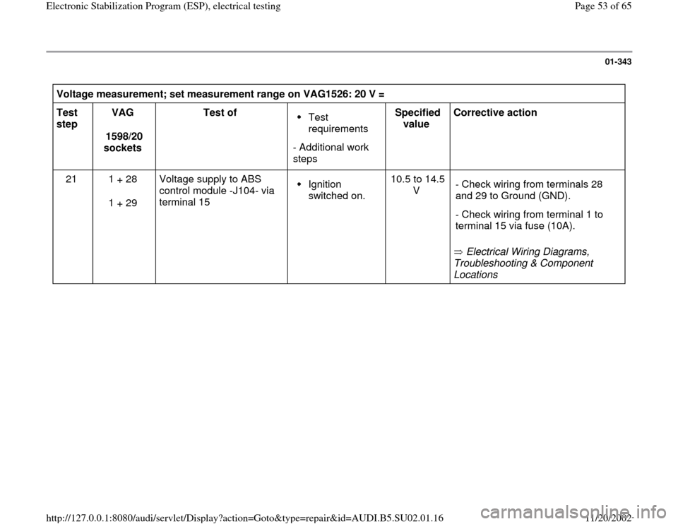 AUDI A4 1996 B5 / 1.G Brakes ESP Electrical Testing Owners Manual 01-343
 
Voltage measurement; set measurement range on VAG1526: 20 V =  
Test 
step  VAG  
1598/20 
sockets  Test of  
Test 
requirements 
- Additional work 
steps Specified 
value  Corrective action 