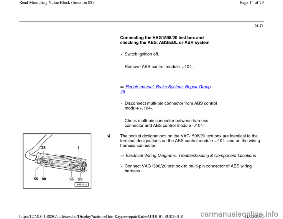 AUDI A4 2000 B5 / 1.G Brakes Read Mesure Value Block User Guide 01-71
      
Connecting the VAG1598/20 test box and 
checking the ABS, ABS/EDL or ASR system  
     
-  Switch ignition off.
     
-  Remove ABS control module -J104-.
     
       Repair manual, Brak