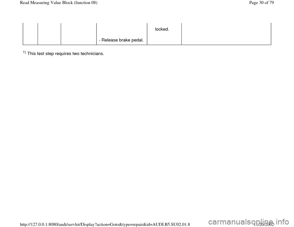 AUDI A4 2000 B5 / 1.G Brakes Read Mesure Value Block Owners Manual locked. 
        
- Release brake pedal.     
1) This test step requires two technicians.  
Pa
ge 30 of 79 Read Measurin
g Value Block 
(function 08
)
11/20/2002 htt
p://127.0.0.1:8080/audi/servlet/Di