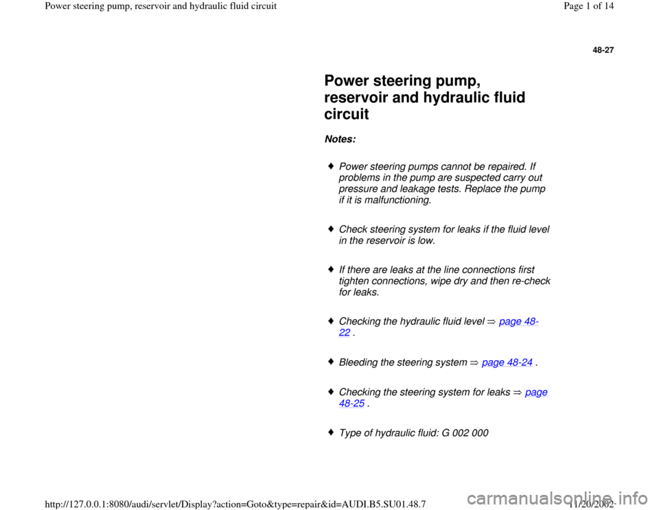 AUDI A4 1997 B5 / 1.G Suspension Power Steering Pump And Reservoir Workshop Manual 