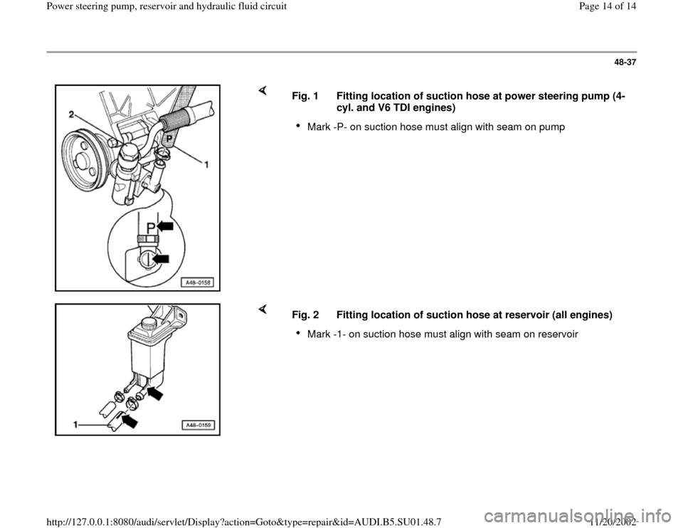 AUDI A4 1996 B5 / 1.G Suspension Power Steering Pump And Reservoir Workshop Manual 48-37
 
    
Fig. 1  Fitting location of suction hose at power steering pump (4-
cyl. and V6 TDI engines) 
Mark -P- on suction hose must align with seam on pump 
    
Fig. 2  Fitting location of sucti