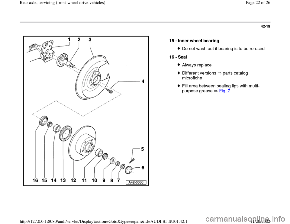 AUDI A4 1999 B5 / 1.G Suspension Rear Axle Front Wheel Drive Workshop Manual 42-19
 
  
15 - 
Inner wheel bearing 
Do not wash out if bearing is to be re-used
16 - 
Seal Always replaceDifferent versions   parts catalog 
microfiche Fill area between sealing lips with multi-
pur