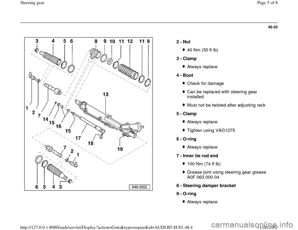 AUDI A4 1996 B5 / 1.G Suspension Steering Gear Assembly Workshop Manual 48-20
 
  
2 - 
Nut 
40 Nm (30 ft lb)
3 - 
Clamp Always replace
4 - 
Boot Check for damageCan be replaced with steering gear 
installed Must not be twisted after adjusting rack
5 - 
Clamp Always repla