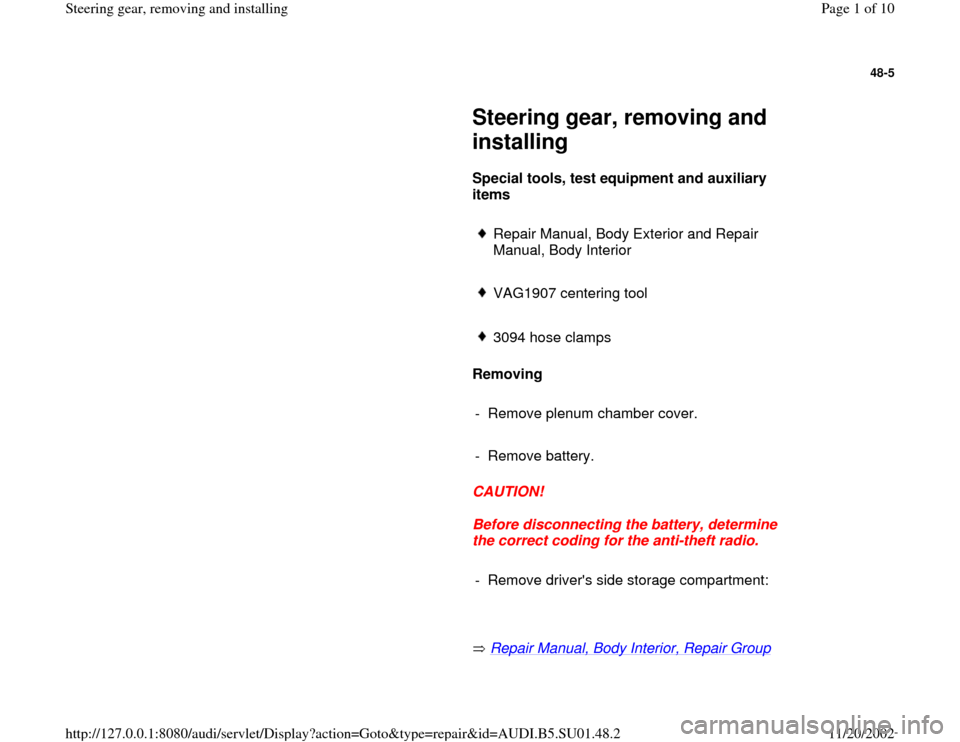 AUDI A4 2000 B5 / 1.G Suspension Steering Gear Remove And Install Workshop Manual 
