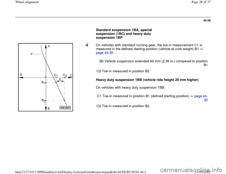 AUDI A4 1999 B5 / 1.G Suspension Wheel Alignment Workshop Manual 44-29
      
Standard suspension 1BA, special 
suspension (1BC) and heavy duty 
suspension 1BP  
    
On vehicles with standard running gear, the toe-in measurement C1 is 
measured in the defined star