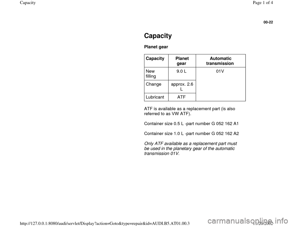 AUDI A4 2001 B5 / 1.G 01V Transmission Capacity Workshop Manual 