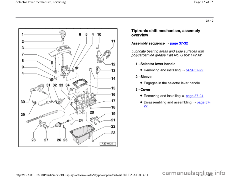 AUDI A6 2001 C5 / 2.G 01V Transmission Select Lever Mechanism User Guide 37-12
 
  
Tiptronic shift mechanism, assembly 
overview
 
Assembly sequence   page 37
-32
  
Lubricate bearing areas and slide surfaces with 
polycarbamide grease Part No. G 052 142 A2. 
1 - 
Selecto